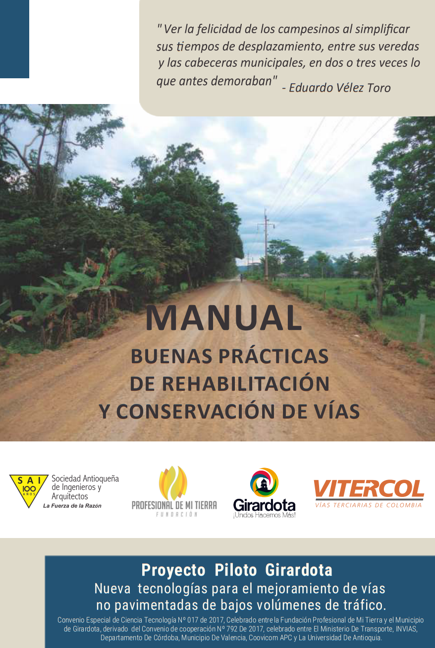 Portada Manual de Buenas Prácticas de Rehabilitación y Mantenimiento de Vías - Ing. Eduardo Vélez Toro